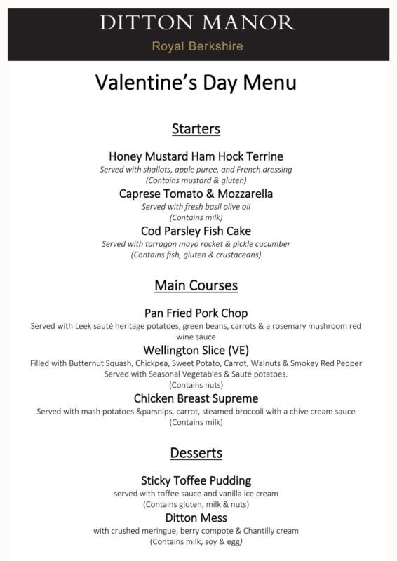 Valentines Day Datchet Menu for the Valentines Day Ball