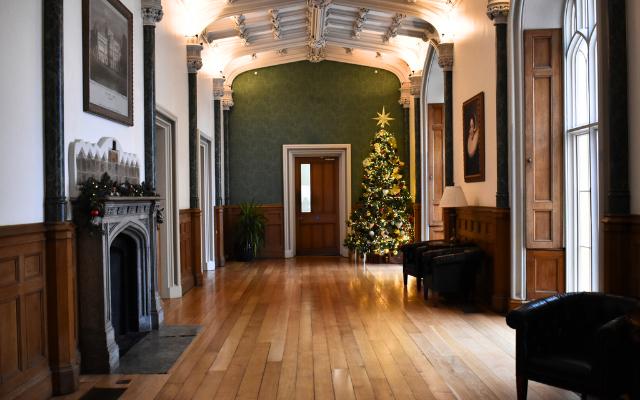 christmas tree in grand hallway inside ditton manor slough