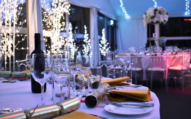 christmas party setup in maruqee at ditton manor berkshire