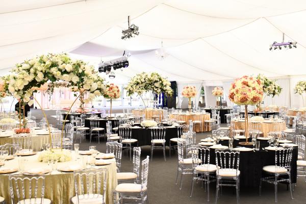 Wedding breakfast in marquee at  Ditton Manor one of the best African Wedding Venues near London